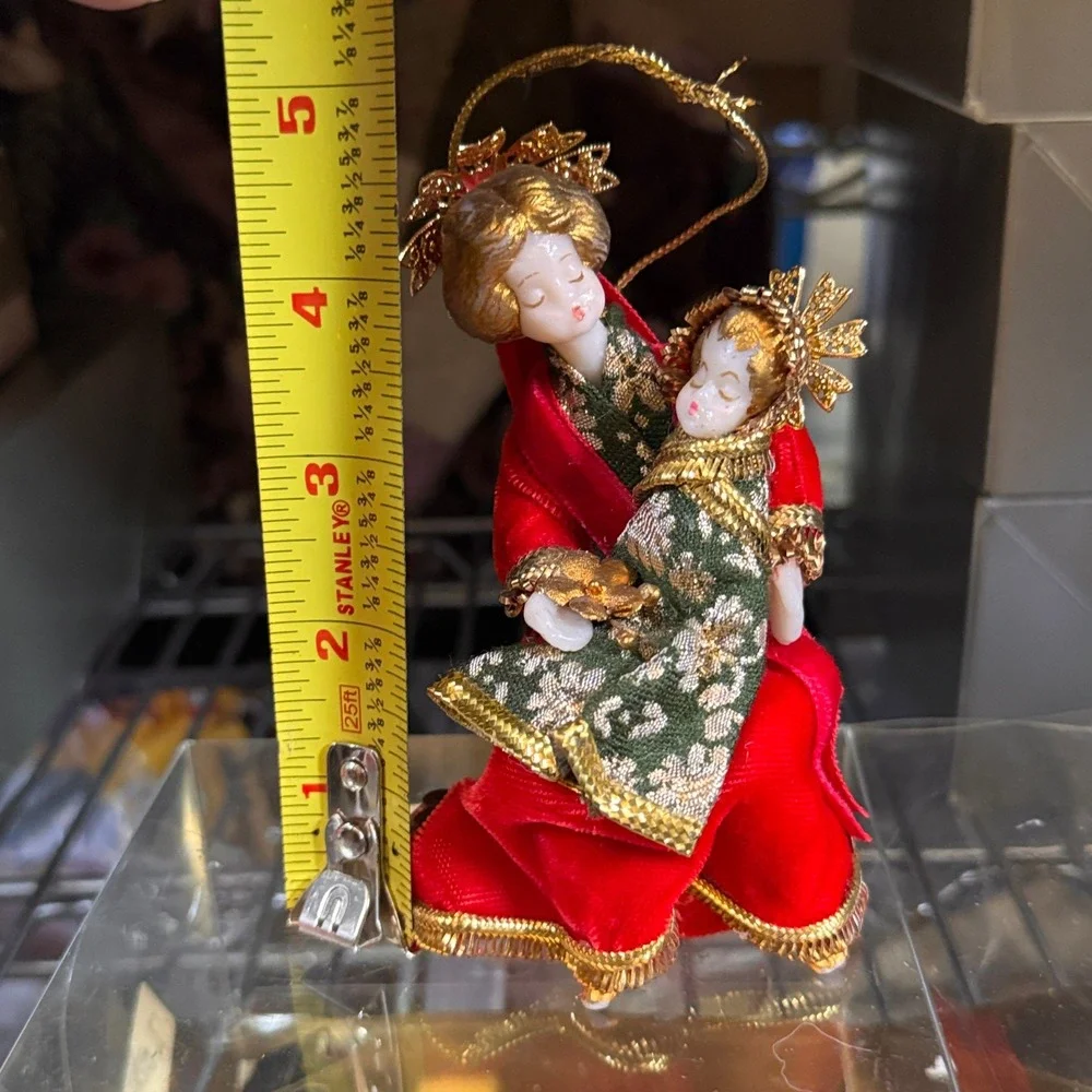 Koestel Germany Vintage Wax Face Velvet Red Green Gold Angel Madonna and Child